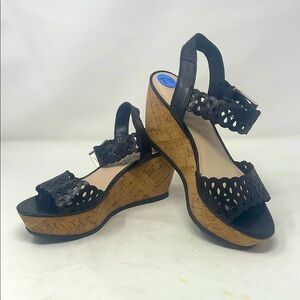 Franco Sarto Black Cork Wedge Heel Sandals Size 7.5 Excellent Condition